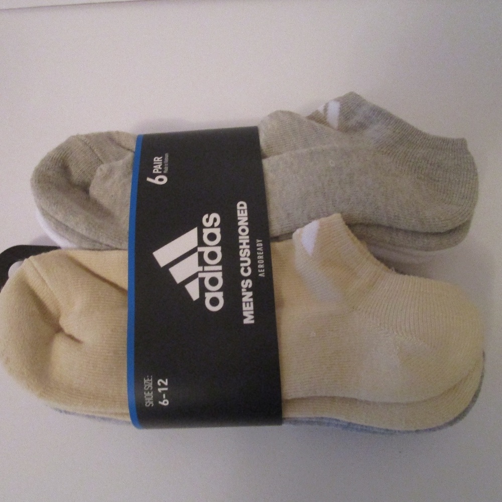 ADIDAS Men's Cushioned 6-Pairs No Show Socks Beige/White/Gray/Blue  Size 6 to 12